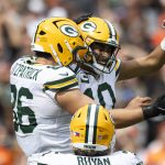 Sep 21, 2025; Cleveland, Ohio, USA; Green Bay Packers tight end John FitzPatrick (86) celebrates a touchdown with quarterback Jordan Love (10) during the third quarter against the Cleveland Browns at Huntington Bank Field.