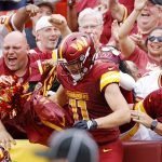 Sep 21, 2025; Landover, Maryland, USA; Washington Commanders wide receiver Luke McCaffrey (11) celebrates after scoring a touchdown during the second half against the Las Vegas Raiders at Northwest Stadium. Mandatory Credit: Amber Searls-Imagn Images