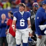 Sep 21, 2025; East Rutherford, New Jersey, USA; New York Giants quarterback Jaxson Dart (6) reacts in the second quarter against the Kansas City Chiefs at MetLife Stadium. Mandatory Credit: Vincent Carchietta-Imagn Images