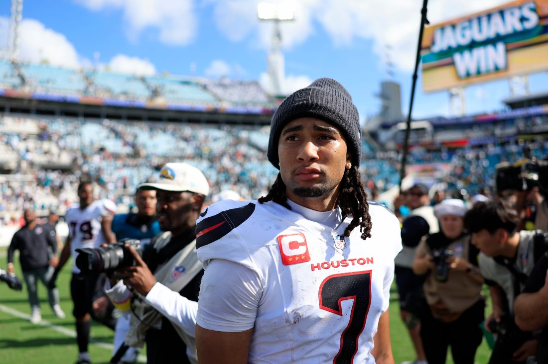 Houston Texans quarterback CJ. Stroud 7) looks on after the game of an NFL football matchup at EverBank Stadium, Sunday, Sept. 21, 2025, in Jacksonville, Fla. The Jaguars defeated the Texans 17-10.