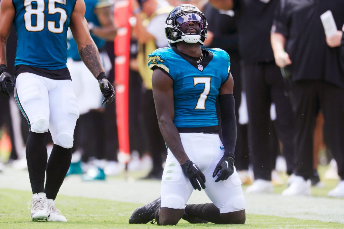 Jacksonville Jaguars wide receiver Brian Thomas Jr. (7) reacts to a dropped pass during the first quarter of an NFL football matchup at EverBank Stadium, Sunday, Sept. 21, 2025, in Jacksonville, Fla. The Jaguars defeated the Texans 17-10.