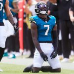 Jacksonville Jaguars wide receiver Brian Thomas Jr. (7) reacts to a dropped pass during the first quarter of an NFL football matchup at EverBank Stadium, Sunday, Sept. 21, 2025, in Jacksonville, Fla. The Jaguars defeated the Texans 17-10.