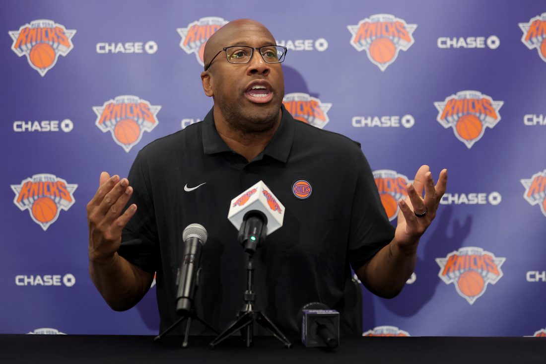 Sep 23, 2025; New York, NY, USA; New York Knicks head coach Mike Brown speaks to the media during a media day press conference at the Madison Square Garden training center. Mandatory Credit: Brad Penner-Imagn Images