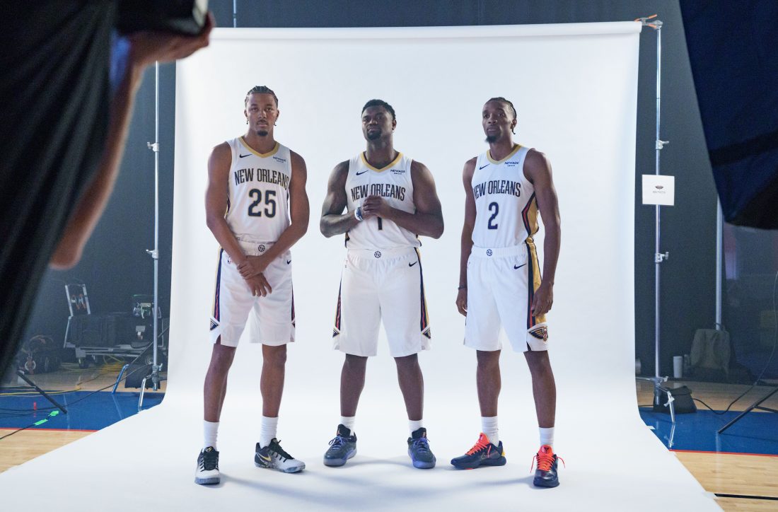 Sep 23, 2025; Metairie, LA, USA; New Orleans Pelicans guard Trey Murphy III (25), forward Zion Williamson (1), and forward Herbert Jones (2) take part in media day at Ochsner Sports Performance Center.