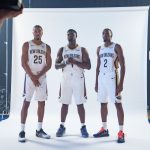Sep 23, 2025; Metairie, LA, USA; New Orleans Pelicans guard Trey Murphy III (25), forward Zion Williamson (1), and forward Herbert Jones (2) take part in media day at Ochsner Sports Performance Center.