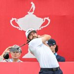 Sep 25, 2025; Bethpage, New York, USA; Cameron Young tees off on the eighteenth hole during a practice round of the Ryder Cup golf tournament at Bethpage Black. Mandatory Credit: Dennis Schneidler-Imagn Images