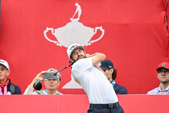 Sep 25, 2025; Bethpage, New York, USA; Cameron Young tees off on the eighteenth hole during a practice round of the Ryder Cup golf tournament at Bethpage Black. Mandatory Credit: Dennis Schneidler-Imagn Images
