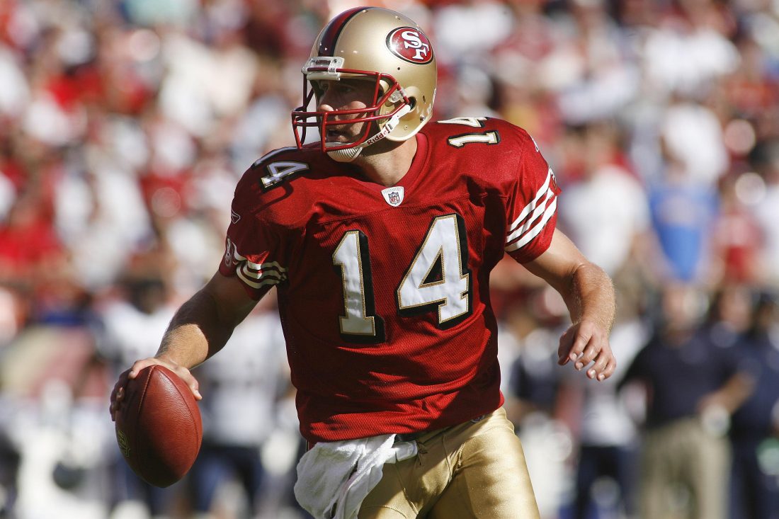 Oct. 5, 2008; San Francisco, CA, USA; San Francisco 49ers quarterback J.T. O'Sullivan (14) looks to throw against the New England Patriots in the fourth quarter at Monster Park in San Francisco, CA. The Patriots defeated the 49ers 30-21. Mandatory Credit: Cary Edmondson-USA TODAY Sports