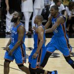 June 4, 2012; San Antonio, TX, USA; Oklahoma City Thunder guards James Harden (13) and Russell Westbrook (center) and forward Kevin Durant (35) react against the San Antonio Spurs during the second half in game five of the Western Conference finals of the 2012 NBA playoffs at the AT&T Center. Oklahoma City beat San Antonio 108-106.