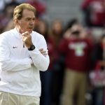 Nov 24, 2018; Tuscaloosa, AL, USA; Alabama Crimson Tide head coach Nick Saban watches his players warm up before the start of their game against the Auburn Tigers at Bryant-Denny Stadium.