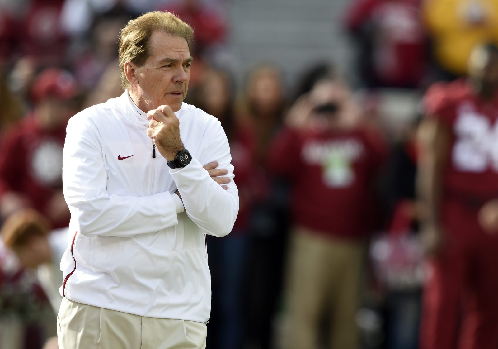 Nov 24, 2018; Tuscaloosa, AL, USA; Alabama Crimson Tide head coach Nick Saban watches his players warm up before the start of their game against the Auburn Tigers at Bryant-Denny Stadium.