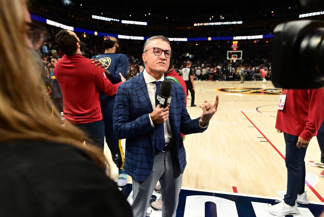 Nov 28, 2022; Denver, Colorado, USA; Altitude TV Reporter Vic Lombardi prior to the game between the Houston Rockets against the Denver Nuggets at Ball Arena. Mandatory Credit: Ron Chenoy-USA TODAY Sports
