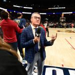 Nov 28, 2022; Denver, Colorado, USA; Altitude TV Reporter Vic Lombardi prior to the game between the Houston Rockets against the Denver Nuggets at Ball Arena. Mandatory Credit: Ron Chenoy-USA TODAY Sports