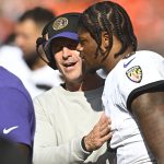 Oct 1, 2023; Cleveland, Ohio, USA; Baltimore Ravens head coach John Harbaugh talks with quarterback Lamar Jackson (8) in the fourth quarter against the Cleveland Browns at Cleveland Browns Stadium. Mandatory Credit: David Richard-USA TODAY Sports