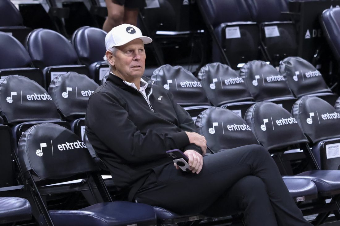 Apr 2, 2024; Salt Lake City, Utah, USA; Utah Jazz CEO Danny Ainge looks on before the game against the Cleveland Cavaliers at Delta Center.