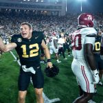 Vanderbilt Commodores quarterback Brennan Storer (12) celebrates after knocking off the Alabama Crimson Tide 40-35 at Vanderbilt Stadium in Nashville, Tenn., Saturday, Oct. 5, 2024.