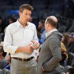 Jan 4, 2025; San Francisco, California, USA; Golden State Warriors general manager Mike Dunleavy chats before the game against the Memphis Grizzlies at Chase Center.