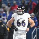 Jan 19, 2025; Orchard Park, New York, USA; Baltimore Ravens guard Ben Cleveland (66) looks on during warm ups before the game against the Buffalo Bills in a 2025 AFC divisional round game at Highmark Stadium. Mandatory Credit: Mark Konezny-Imagn Images