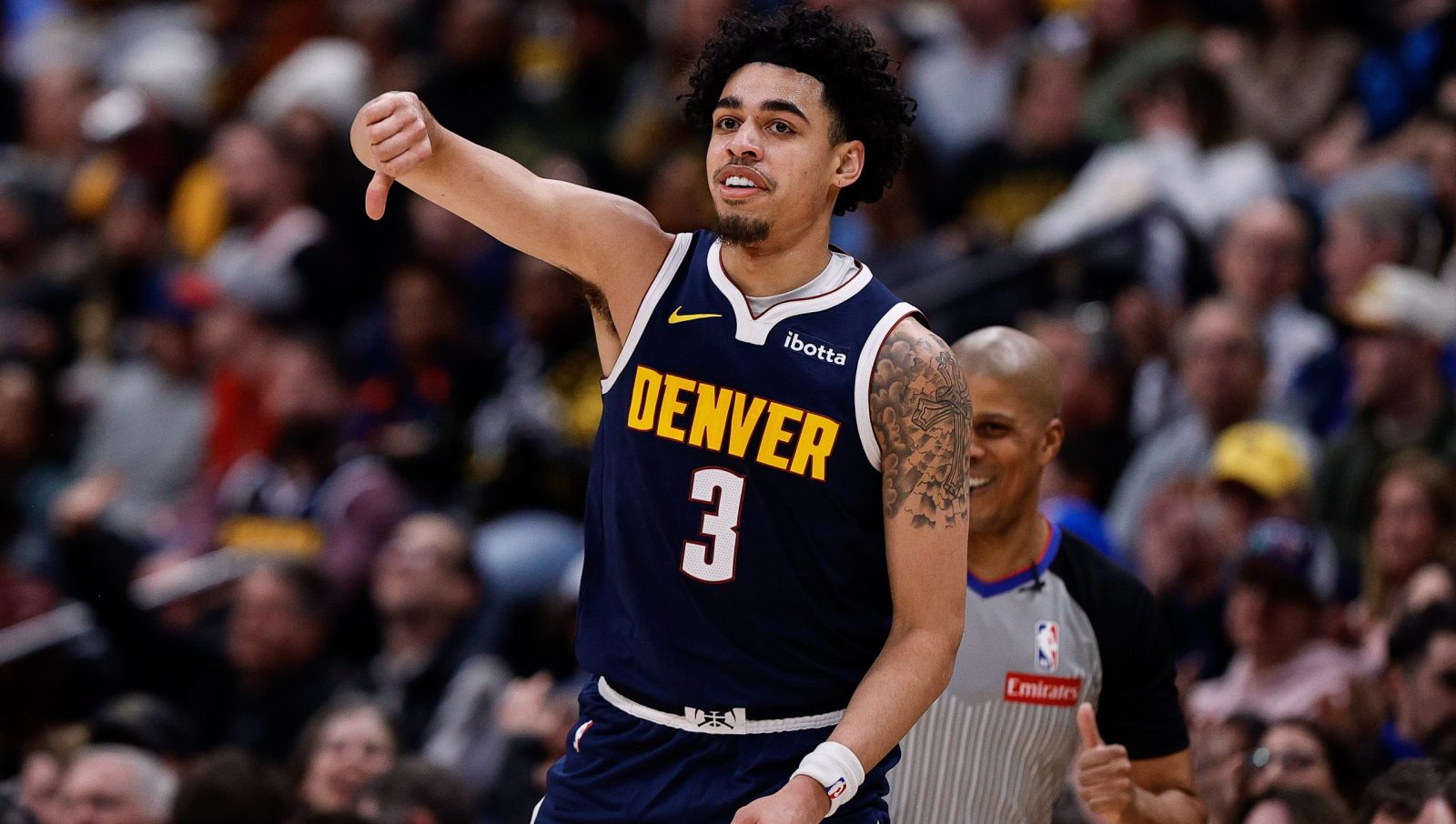 Feb 12, 2025; Denver, Colorado, USA; Denver Nuggets guard Julian Strawther (3) reacts after a play in the second quarter against the Portland Trail Blazers at Ball Arena. Mandatory Credit: Isaiah J. Downing-Imagn Images