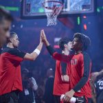 Mar 23, 2025; Portland, Oregon, USA; Portland Trail Blazers guard Shaedon Sharpe (17) high fives forward Toumani Camara (33) before a game against the Boston Celtics at Moda Center. Mandatory Credit: Troy Wayrynen-Imagn Images
