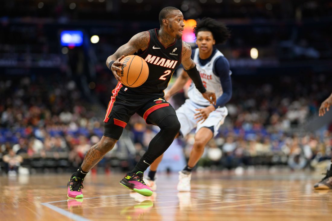 Mar 31, 2025; Washington, District of Columbia, USA; Miami Heat guard Terry Rozier (2) drives to the basket during the second quarter against the Washington Wizards at Capital One Arena.