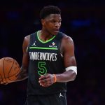 Apr 30, 2025; Los Angeles, California, USA; Minnesota Timberwolves guard Anthony Edwards (5) moves the ball against the Los Angeles Lakers during the second half in game five of first round for the 2025 NBA Playoffs at Crypto.com Arena. Mandatory Credit: Gary A. Vasquez-Imagn Images