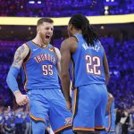 May 18, 2025; Oklahoma City, Oklahoma, USA; Oklahoma City Thunder center Isaiah Hartenstein (55) and guard Cason Wallace (22) celebrate a basket against the Denver Nuggets in the second half during game seven of the second round for the 2025 NBA Playoffs at Paycom Center. Mandatory Credit: Alonzo Adams-Imagn Images