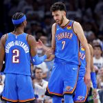 May 28, 2025; Oklahoma City, Oklahoma, USA; Oklahoma City Thunder forward Chet Holmgren (7) and guard Shai Gilgeous-Alexander (2) celebrates during the second quarter against the Minnesota Timberwolves in game five of the western conference finals for the 2025 NBA Playoffs at Paycom Center. Mandatory Credit: Alonzo Adams-Imagn Images