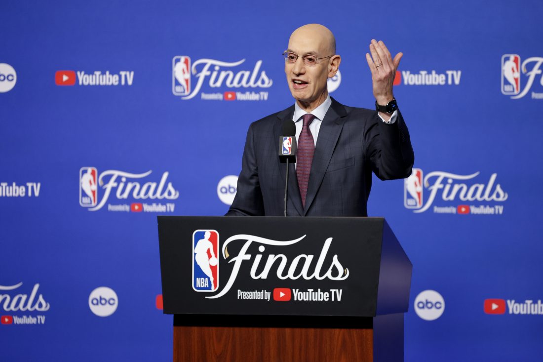 Jun 5, 2025; Oklahoma City, Oklahoma, USA; NBA commissioner Adam Silver speaks to the media before game one between the Oklahoma City Thunder and the Indiana Pacers in the 2025 NBA Finals at Paycom Center.