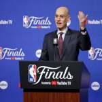 Jun 5, 2025; Oklahoma City, Oklahoma, USA; NBA commissioner Adam Silver speaks to the media before game one between the Oklahoma City Thunder and the Indiana Pacers in the 2025 NBA Finals at Paycom Center.