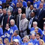 Jun 22, 2025; Oklahoma City, Oklahoma, USA; NBA Commissioner Adam Silver looks on during the first half of game seven of the 2025 NBA Finals between Indiana Pacers and Oklahoma City Thunder at Paycom Center.