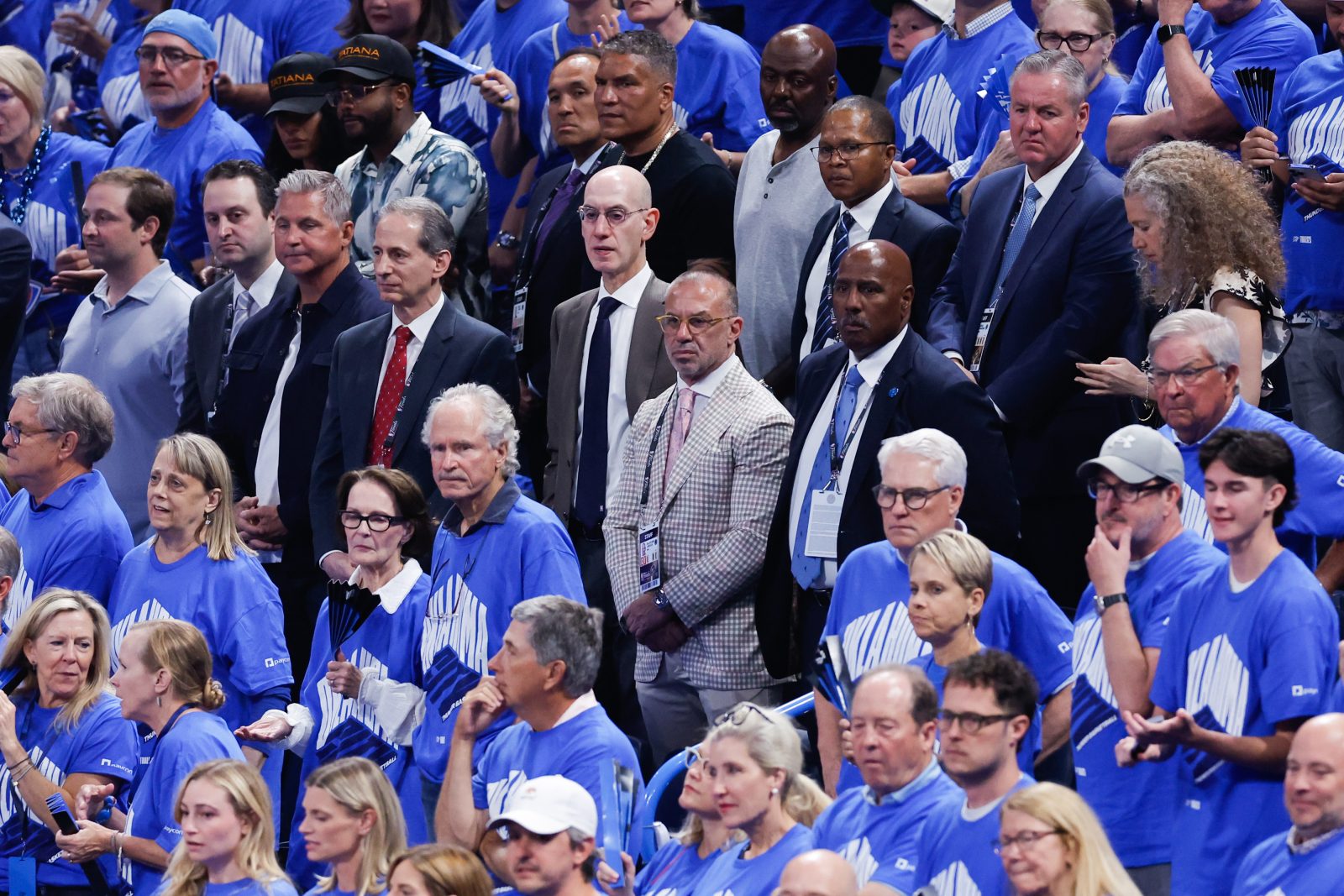 Jun 22, 2025; Oklahoma City, Oklahoma, USA; NBA Commissioner Adam Silver looks on during the first half of game seven of the 2025 NBA Finals between Indiana Pacers and Oklahoma City Thunder at Paycom Center.