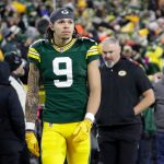 Green Bay Packers wide receiver Christian Watson (9) leaves the field in the fourth quarter after getting injured against the New Orleans Saints during their football game Monday, December 23, 2024, at Lambeau Field in Green Bay, Wisconsin.