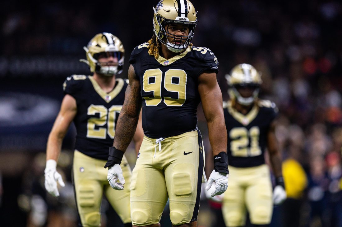 Aug 23, 2025; New Orleans, Louisiana, USA; New Orleans Saints defensive end Chase Young (99) looks on against the Denver Broncos during the first half at Caesars Superdome. Mandatory Credit: Stephen Lew-Imagn Images
