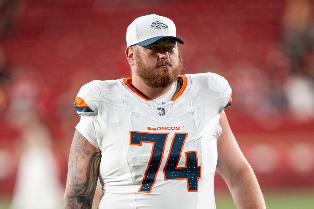 August 9, 2025; Santa Clara, California, USA; Denver Broncos guard Ben Powers (74) after the game against the San Francisco 49ers at Levi's Stadium. Mandatory Credit: Kyle Terada-Imagn Images
