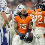 Sep 14, 2025; Indianapolis, Indiana, USA; Denver Broncos linebacker Nik Bonitto (15) reacts after a missed field goal by Indianapolis Colts place kicker Spencer Shrader (3) at Lucas Oil Stadium. Mandatory Credit: INDIANAPOLIS STAR-USA TODAY Network via Imagn Images