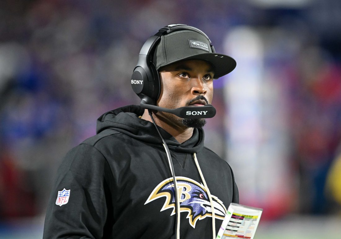 Sep 7, 2025; Orchard Park, New York, USA; Baltimore Ravens defensive coordinator Zach Orr on the sidelines before a game against the Buffalo Bills at Highmark Stadium. Mandatory Credit: Mark Konezny-Imagn Images