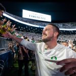 Oregon head coach Dan Lanning celebrates his win with Duck fans as the Oregon Ducks face the Penn State Nittany Lions on Sept. 27, 2025, at Beaver Stadium in University Park, Pennsylvania.