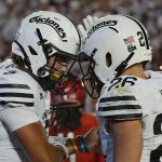Iowa State Cyclones' quarterback Rocco Becht (3) and Iowa State Cyclones' running back Carson Hansen (26) celebrates after score a touchdown against Arizona during the third quarter in the Big-12 conference showdown on Sept. 27, 2025, at Jack Trice Stadium in Ames, Iowa.