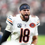 Sep 28, 2025; Paradise, Nevada, USA; Chicago Bears quarterback Caleb Williams (18) celebrates after the game against the Las Vegas Raiders at Allegiant Stadium.