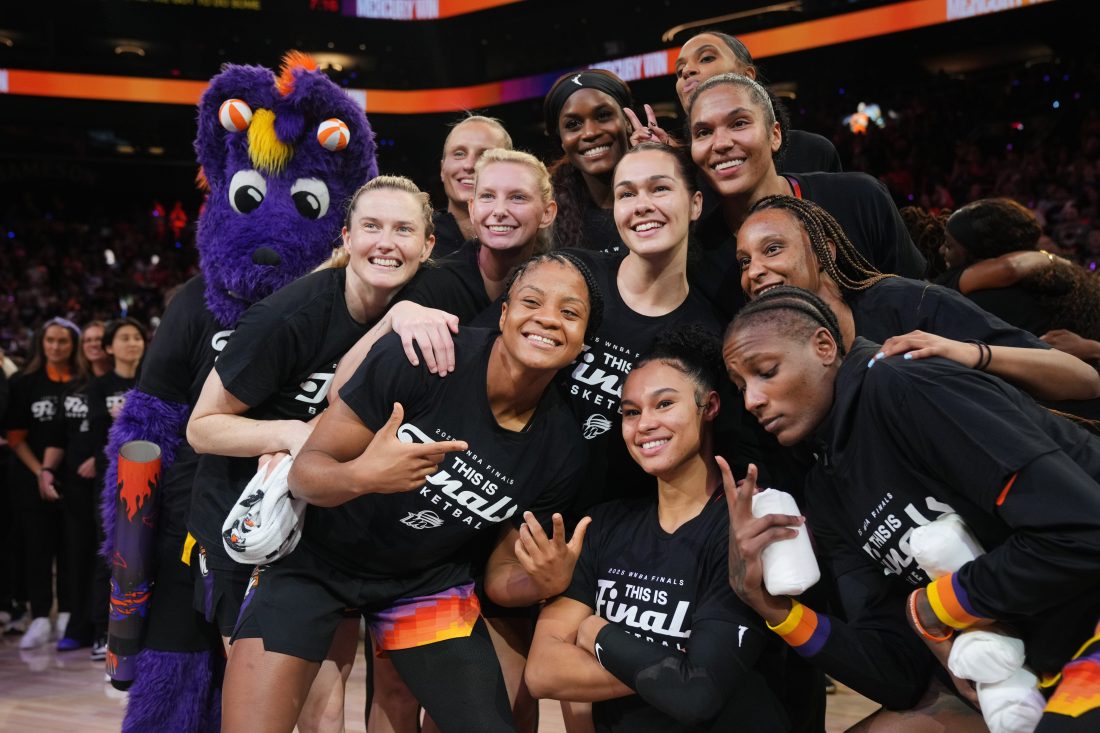 The Phoenix Mercury celebrate their 86-81 WNBA semifinal playoff series win over the Minnesota Lynx at PHX Arena on Sept. 28, 2025.