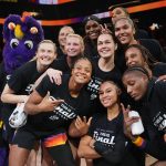 The Phoenix Mercury celebrate their 86-81 WNBA semifinal playoff series win over the Minnesota Lynx at PHX Arena on Sept. 28, 2025.