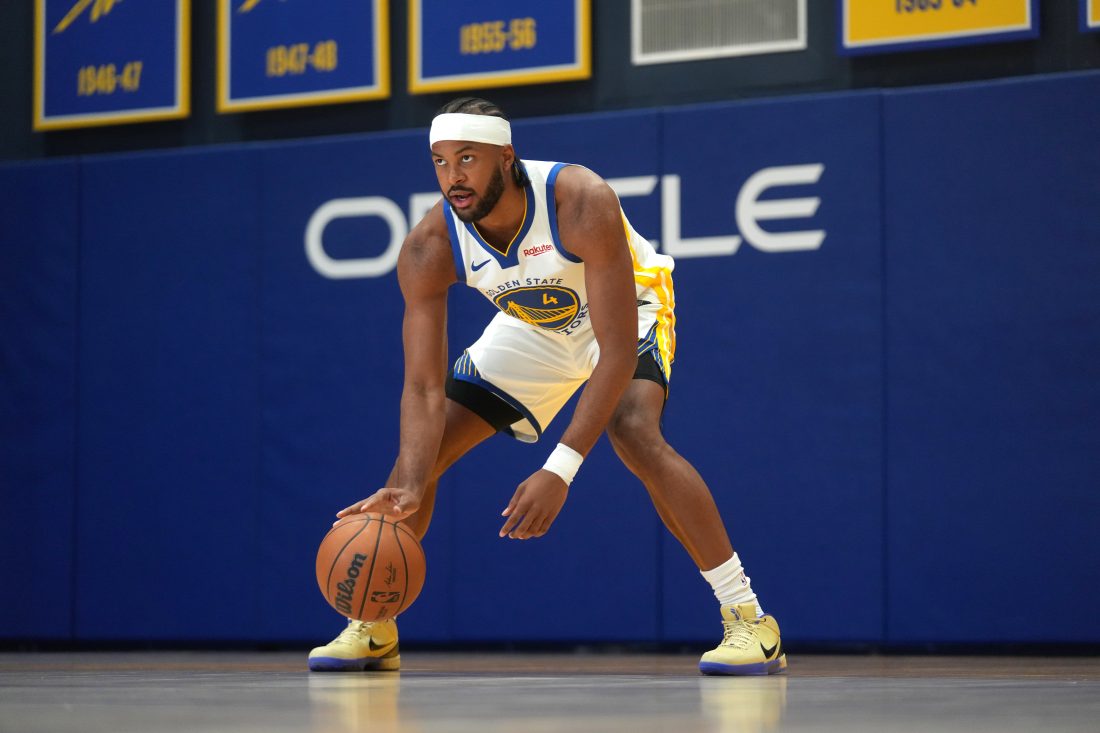 Sep 29, 2025; San Francisco, CA, USA; Golden State Warriors guard Moses Moody (4) dribbles the ball during Media Day at the Chase Center. Mandatory Credit: Cary Edmondson-Imagn Images