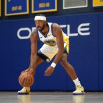 Sep 29, 2025; San Francisco, CA, USA; Golden State Warriors guard Moses Moody (4) dribbles the ball during Media Day at the Chase Center. Mandatory Credit: Cary Edmondson-Imagn Images
