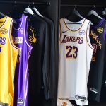 Sep 29, 2025; Los Angeles, CA, USA; Jerseys of Los Angeles Lakers guard Luka Doncic (77) and LeBron James (23) pictured during media day at UCLA Health Training Center.
