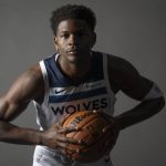 Sep 29, 2025; Minneapolis, MN, USA; Minnesota Timberwolves guard Anthony Edwards (5) poses for a photograph as part of media day at Target Center.