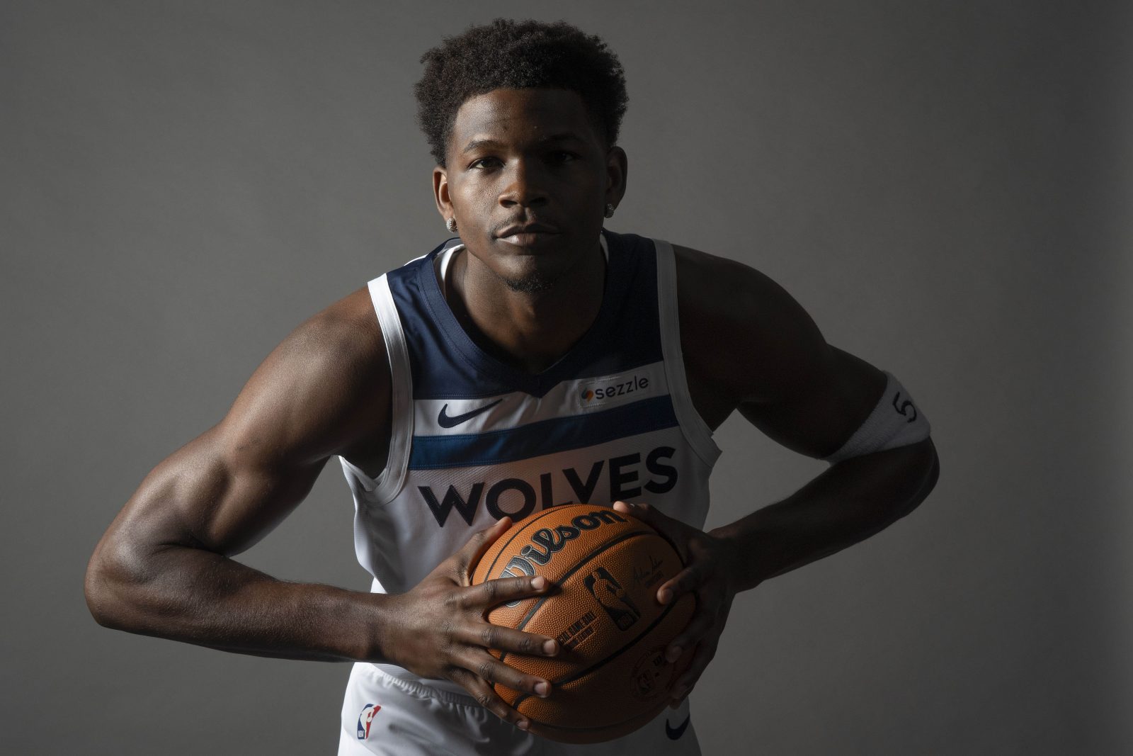 Sep 29, 2025; Minneapolis, MN, USA; Minnesota Timberwolves guard Anthony Edwards (5) poses for a photograph as part of media day at Target Center.