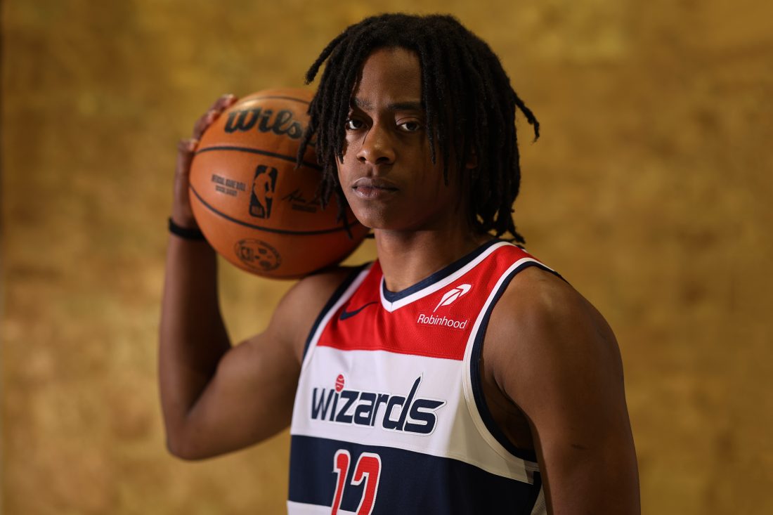 Sep 29, 2025; Washington, DC, USA; Washington Wizards guard Tre Johnson (12) poses for a portrait during Wizards Media Day at CareFirst Arena. Mandatory Credit: Geoff Burke-Imagn Images