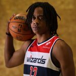 Sep 29, 2025; Washington, DC, USA; Washington Wizards guard Tre Johnson (12) poses for a portrait during Wizards Media Day at CareFirst Arena. Mandatory Credit: Geoff Burke-Imagn Images