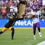 Sep 28, 2025; Dublin, Ireland; Minnesota Vikings wide receiver Myles Price (4) carries the ball on a kickoff return against Pittsburgh Steelers kicker Chris Boswell (9) in the second half during an NFL International Series game at Croke Park. Mandatory Credit: Kirby Lee-Imagn Images